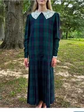Laura Ashley Blue Green Plaid Dress with Lace Collar